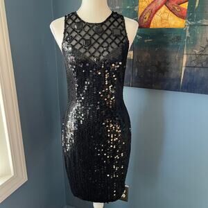 Niteline Della Roufogali Black Sequin Mesh Dress Women's Size 6 80s Vintage‎